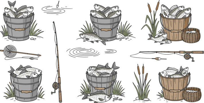 Fishing Equipment and Fresh Catch Vector Illustration Set with Bucket of Fish, Fishing Rod, Float, Lake Ripples and Angling Gear