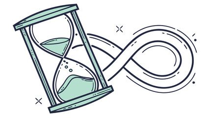 Fototapeta premium Tilted hourglass and infinity loop endless time cycles illustration concept, A conceptual illustration showing a tilted hourglass with liquid and a flowing infinity symbol, representing endless time.