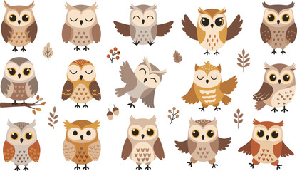Fototapeta premium Cute Owl Vector Illustration Set Featuring Adorable Forest Owls in Flying, Perching, and Sitting Poses for Woodland Wildlife Graphics and Kids Designs.