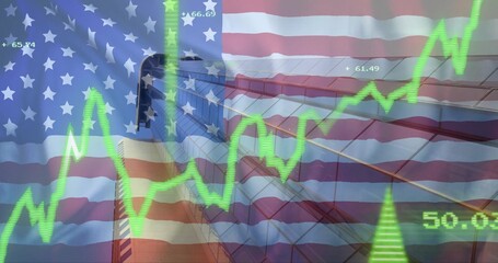 Fototapeta premium Displaying translucent US flag over neon green stock line on glass tower facade, numeric readouts