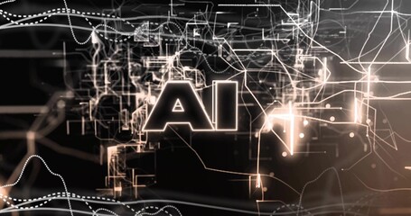 Fototapeta premium Glowing stylized AI typography occupying center of digital space, with network nodes and wireframes