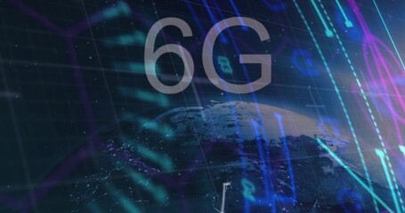 Fototapeta premium Floating large translucent 6G text with partial Earth globe in virtual space, with neon data lines