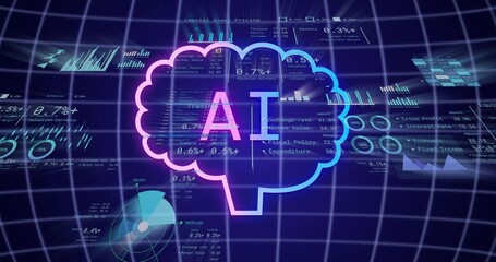 Glowing neon brain with AI pulsing above wireframe grid, showing floating charts and HUD panels