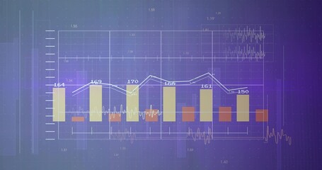 Naklejka premium Displaying multi-series chart on purple gradient, with grouped bars, trend lines and numeric labels