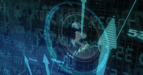 Fototapeta premium Displaying HUD reticle overlaying faint globe in dashboard, with jagged line chart and cyan arrows