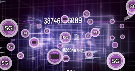 Obraz premium Streaming purple 5G icons floating in virtual network grid, showing numeric ID overlays