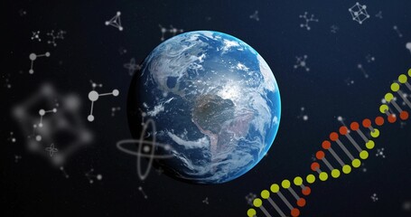 Fototapeta premium Showing planet Earth floating in dark star field, featuring DNA double helix and molecular icons