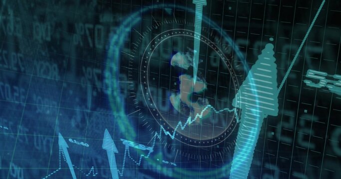 Displaying HUD reticle overlaying faint globe in dashboard, with jagged line chart and cyan arrows