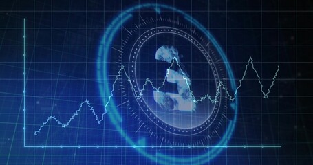 Fototapeta premium Displaying ringed HUD with globe, jagged cyan graph, axes, grid and markers at digital dashboard