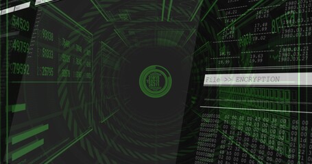 Naklejka premium Pulsing central node radiating concentric rings in cyber tunnel with FileENCRYPTION banner