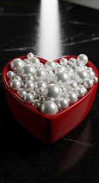 Heart shaped bowl filled with pearls.