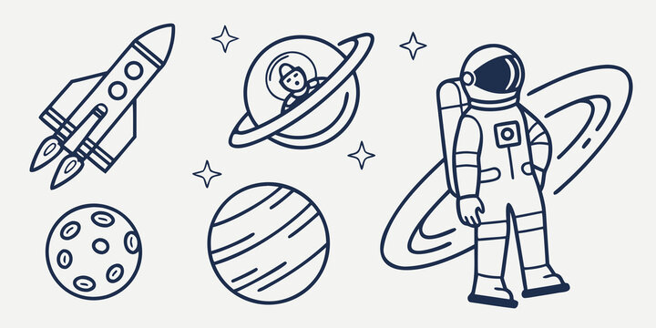 astronaut standing next to planets and a spaceship Vector