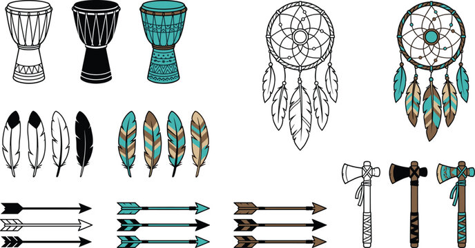 Native American tribal elements vector set with dreamcatcher feathers arrows drums and tomahawk traditional ethnic decorative symbols