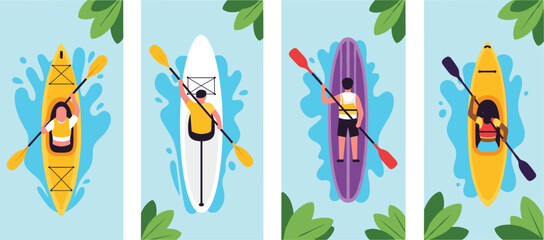 People kayaking and paddleboarding in water set with top view of characters rowing boat for summer vacation outdoor adventure and water sports. © Sagar Creative
