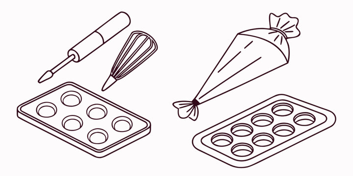 baking muffins with icing and utensils Vector