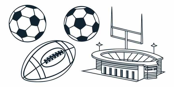 Sports stadium with rugby ball, soccer balls, and goal posts Vector