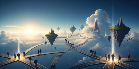 Fototapeta premium Business Decision Making and Multiple Career Path Choices Concept with People Standing at Crossroads Roads Leading to Future Opportunities, Success, and Strategic Direction