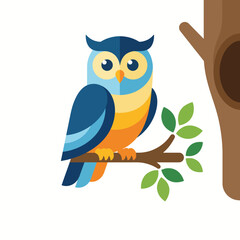 Obraz premium This vibrant illustration features a stylized owl perched on a branch, highlighting its colorful feathers and serene setting, perfect for nature and wildlife themes.
