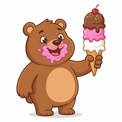 A cheerful and adorable cartoon bear holding a colorful ice cream cone with a cherry on top, symbolizing childhood joy and the pleasures of sweet treats. © jim
