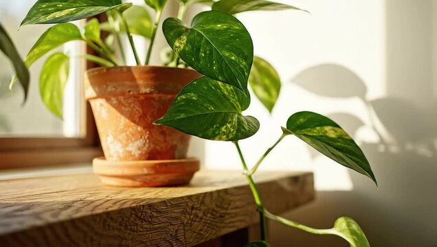 Golden Pothos in Sunlight: A verdant golden pothos plant thrives, its vibrant green leaves reaching towards a warm embrace of sunlight, the play of light casting elegant shadows on a wooden shelf.