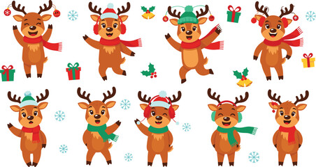 Obraz premium Cute Cartoon Reindeer Set with Christmas Accessories and Festive Expressions for Holiday and Winter Themes