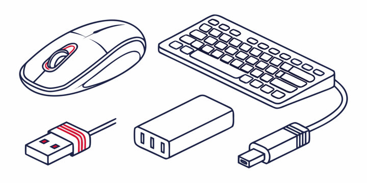 computer mouse, keyboard, and usb connector Vector