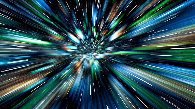 Abstract motion blur background with vibrant blue and green streaks radiating from a central point creating a sense of speed energy and futuristic technology