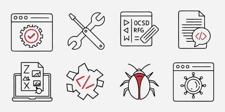 a set of icons related to software development and debugging Vector