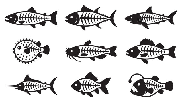 Diverse Fish Skeleton Silhouette Icons with Different Species