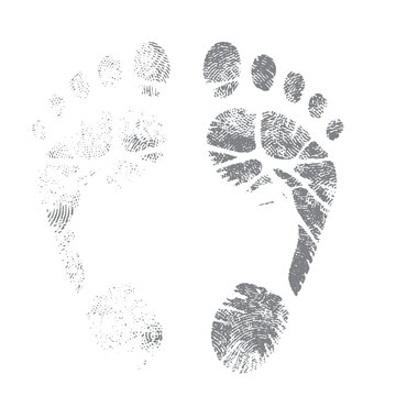 Baby footprint ink stamp vector, isolated gray textured feet prints. Grunge human footprints illustration, textured walk path symbol on white.