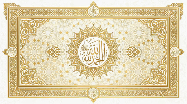 Ornate golden islamic calligraphy art with intricate floral patterns and geometric details in elegant cream background