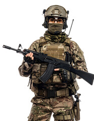 Fototapeta premium Military Operator in Combat Uniform with Weapon Isolated 