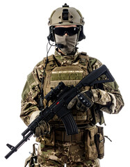 Fototapeta premium Armed Forces Personnel in Camouflage with Assault Rifle Portrait 