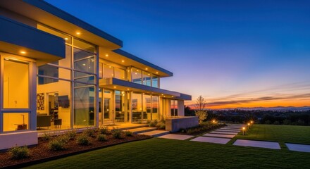 Fototapeta premium Modern mansion lit at dusk, featuring large windows and manicured lawn