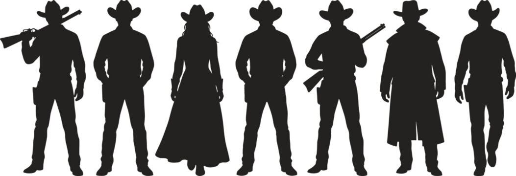 Wild west cowboy silhouettes set, gunslinger sheriff outlaw characters standing with rifles hats vintage western vector illustration collection
