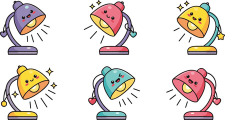 Fototapeta premium Kawaii Cartoon Desk Lamp Set with Different Expressions and Colors for Cute Home Decor and Study Themes