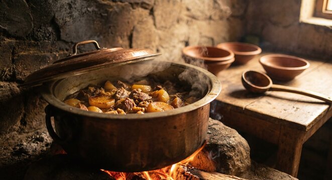 Kashmiri Shab Deg &ndash; Turnip and lamb slow-cooked overnight in traditional copper pot, turnip stew in traditional Kashmiri deg, Wazwan dish, Indian Cuisine, Asian Food