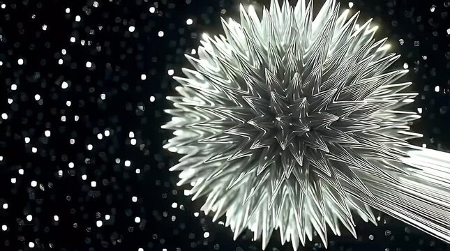 Abstract silver and white geometric design featuring radiating lines and a textured spiky cluster against a stark black background modern tech concept