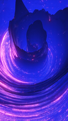 Fototapeta premium Abstract purple blue vortex tunnel with swirling light streaks, futuristic portal effect and dynamic energy flow background in glossy 3D style