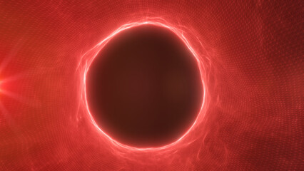 Fototapeta premium Red glowing energy ring around a dark void on a futuristic wireframe grid, abstract sci-fi portal background