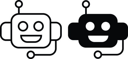 Obraz premium Two happy robots with smiling faces and antennae on their heads are shown in black and white.
