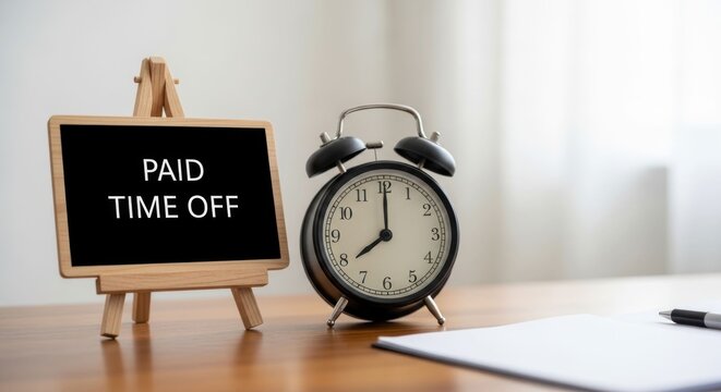 Sign and clock on desk. Sign reads ?PAID TIME OFF?. Clock shows time
