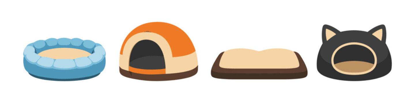 Collection of four diverse pet beds for cats and dogs, illustrated in flat design