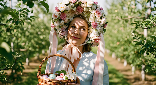 Young woman in a floral hat holding a basket with Easter eggs in an apple orchard, celebrating spring
