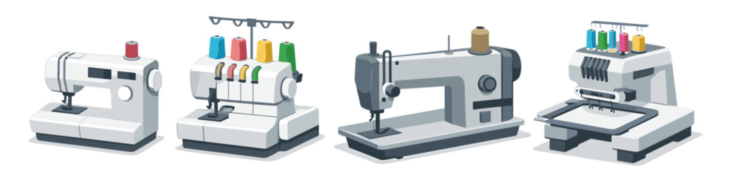 Collection of four different types of modern sewing machines and serger