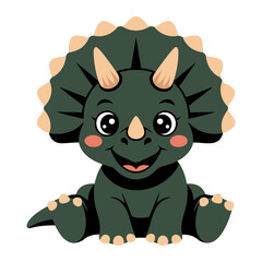 cute black baby triceratops dinosaur with three tiny horns and a rounded frill, sitting pose with little feet forward, big friendly smile, flat vector illustration © Erkan