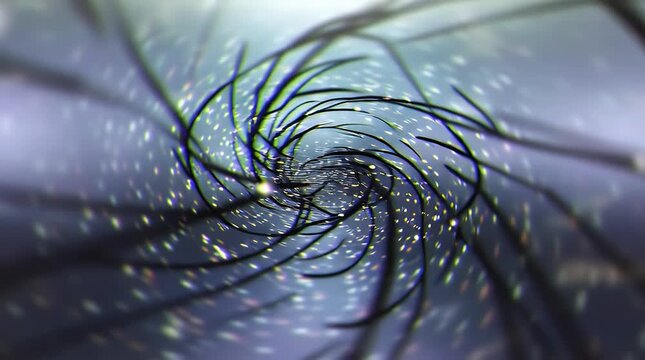 Abstract swirling vortex of dark lines and shimmering particles creates a mesmerizing tunnel effect evoking themes of technology data streams and futuristic exploration