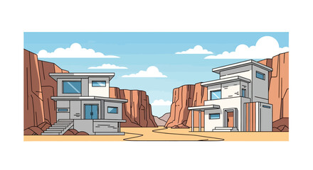 Two modern homes nestled between desert canyon walls under a cloudy sky © AJI T