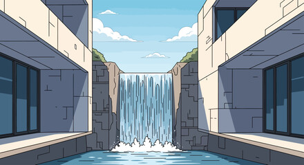 Cascading waterfall between modern structures under a cloudy sky © AJI T