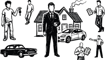 Line art close up real estate agent standing with house car clients handing keys and signing contracts clipboard key illustration
